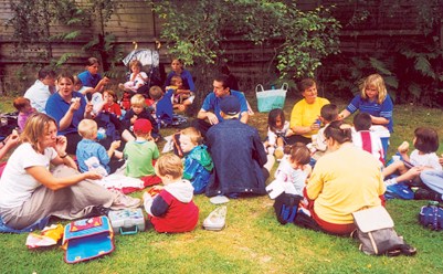 The nursery children on a school trip with teachers and parents